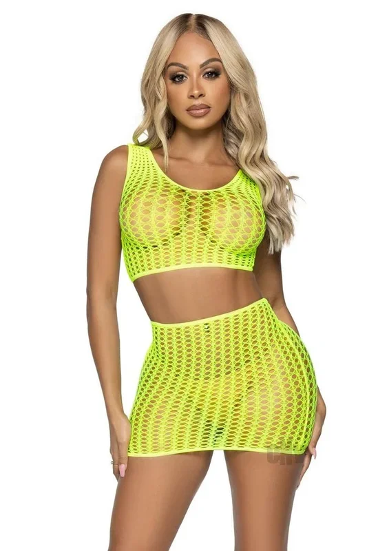 2 Pc. Crochet Net Crop Top and Mini Skirt – One Size – Neon Yellow