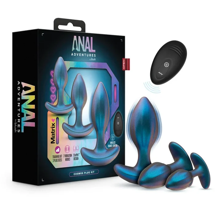 Anal Adventures Matrix By Blush® | Cosmos Plug Vibrating Anal Training Kit With Wireless Remote – Stayput™ Technology & AnchorTech™ Base – Lunar Blue