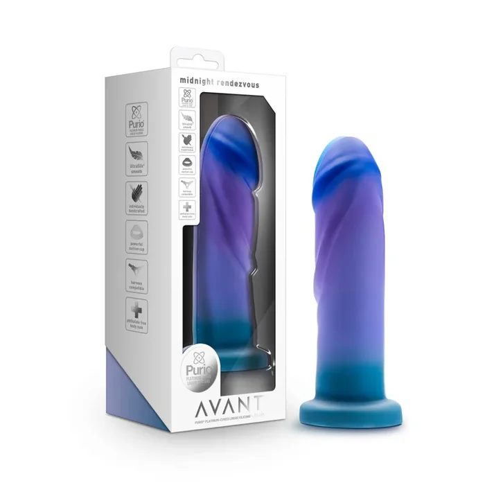 Avant By Blush® | Midnight Rendezvous Artisan 7.5 Inch Dildo – Crafted With Purio® Liquid Silicone Wrapped In UltraSilk® – Ocean Blue