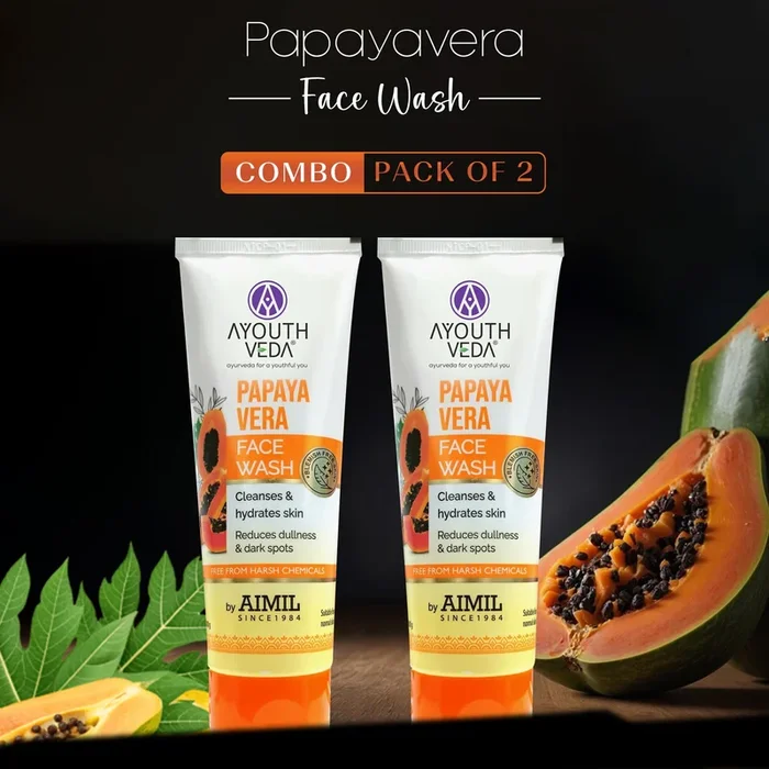 Ayouthveda Papaya Vera Face Wash with Real Papaya Extract | Deep Cleanser for Dry to Normal Skin | Removes Dullness, Dark Spots, & Impurities | Sulfate-Free Gentle Formula | (100 g) (Pack of 2)