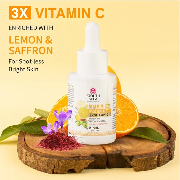 Ayouthveda Vitamin-C Face Serum With 3X Vitamin-C | Reduce Discoloration and Enhance Radiance | Enriched with Lemon, Saffron, Orange & Gooseberry | For Spot-less Bright Skin – 30 ml