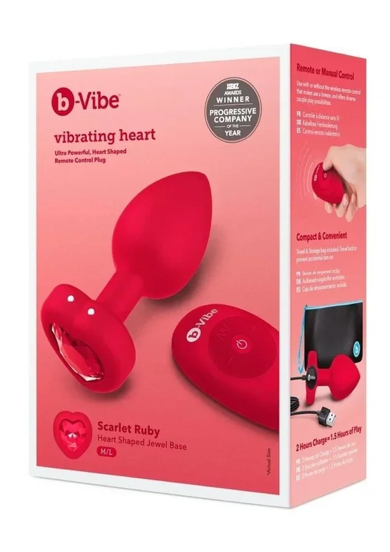 B-Vibe Vibrating Heart Shape Jewel Rechargeable Silicone Anal Plug with Remote Control – Medium/Large – Red
