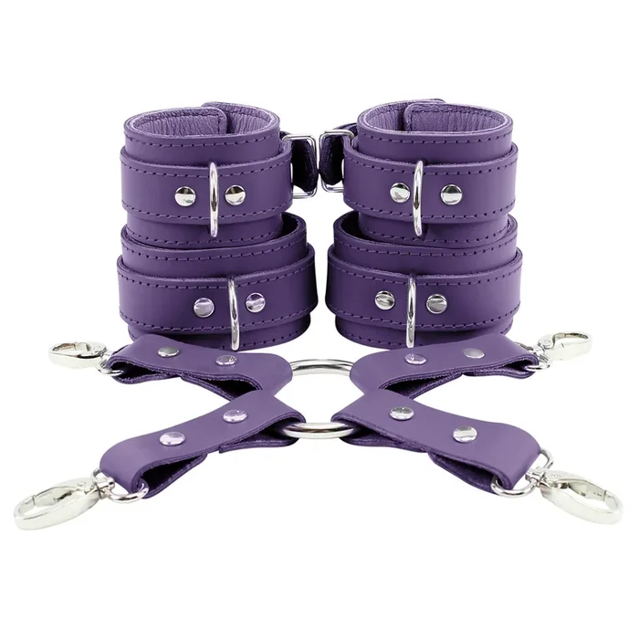 BDSM Leather Wrist & Ankle Cuffs with Hogtie Combo – Sturdy Restraints for Bondage Play | Atlanta Collection