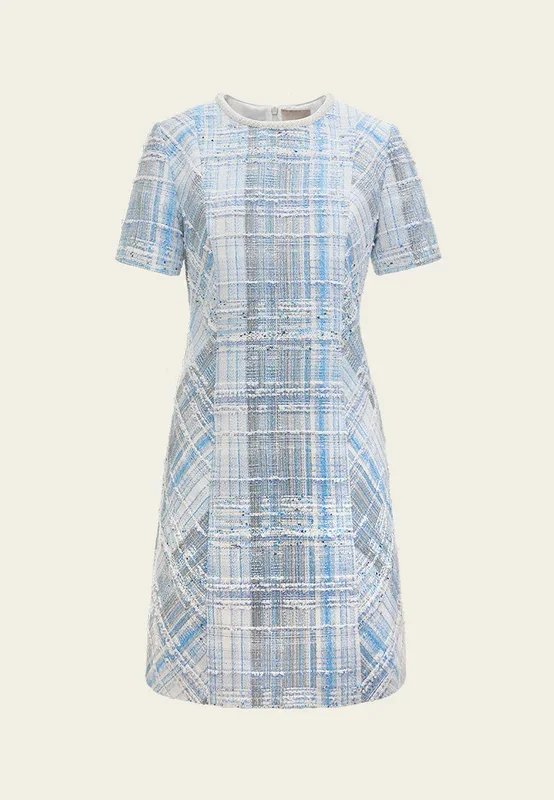 Beaded-Trim Stripped Mix Tweed Dress