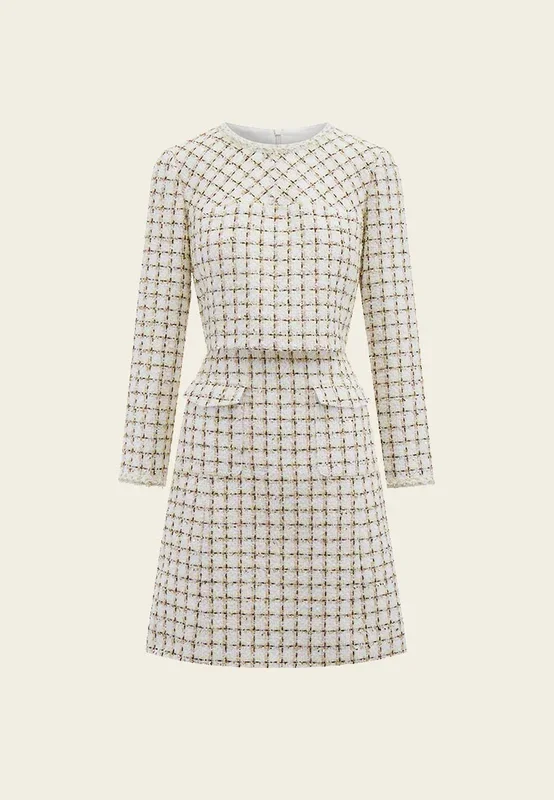 Beige Checked Fake Two Piece Tweed Dress