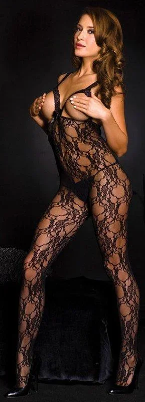 Black Lace Open Bust Crotchless Bodystocking – One Size Available