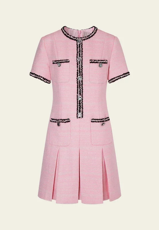 Black Trimmed Pink Tweed Pleated Dress