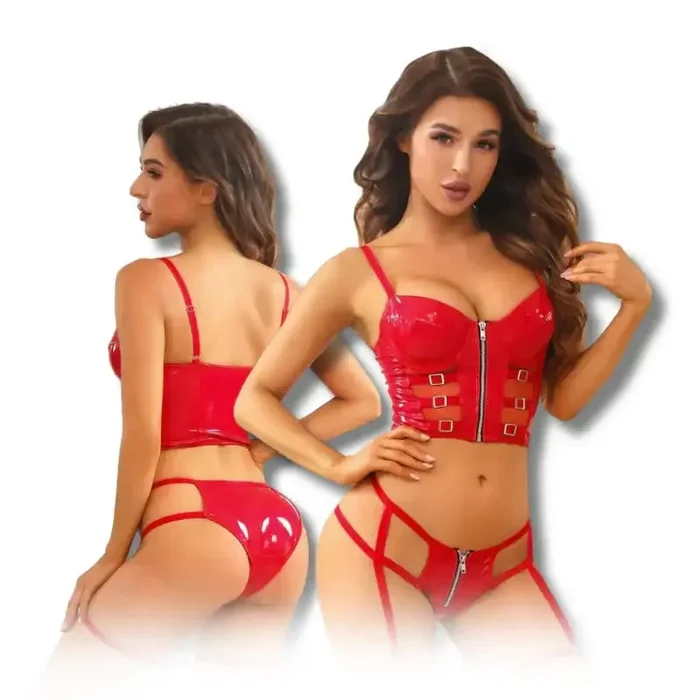 Bodysuit – 2 Pcs Red PU Leather Corset Top with Sexy Panty
