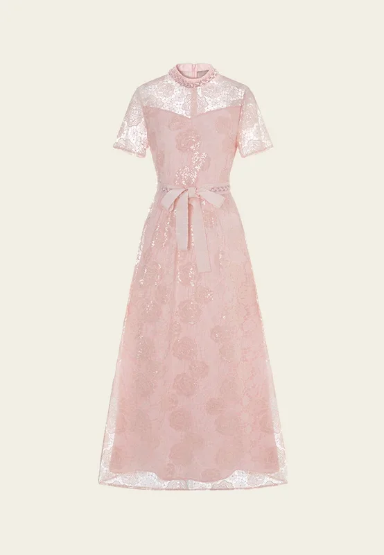 Bow-belt Stand-collar Bead-and-crystal Embellished Lace Dress