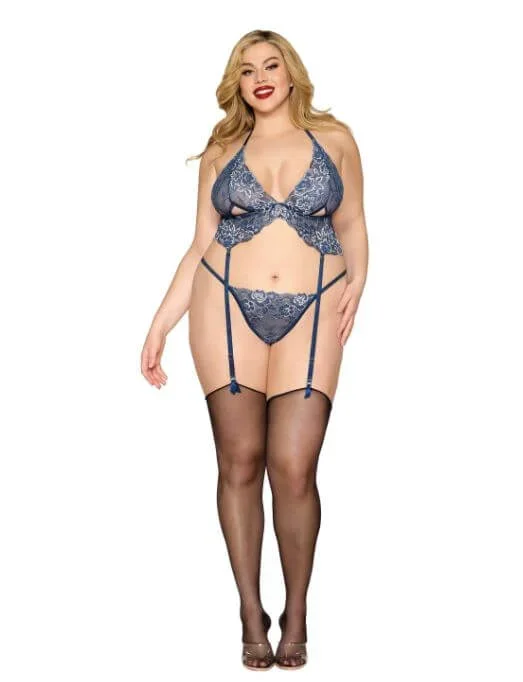 Bustier & G-String Set – Twilight Q/S | Stretch Two-Tone Lace, Removable Garters, Halter Tie Bralette