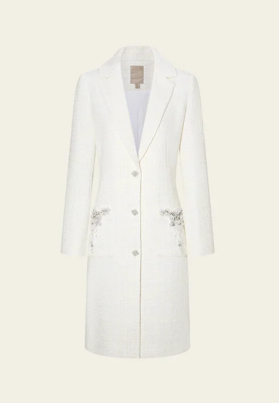 Checked Tweed Crystal and Pearl Embellished Coat