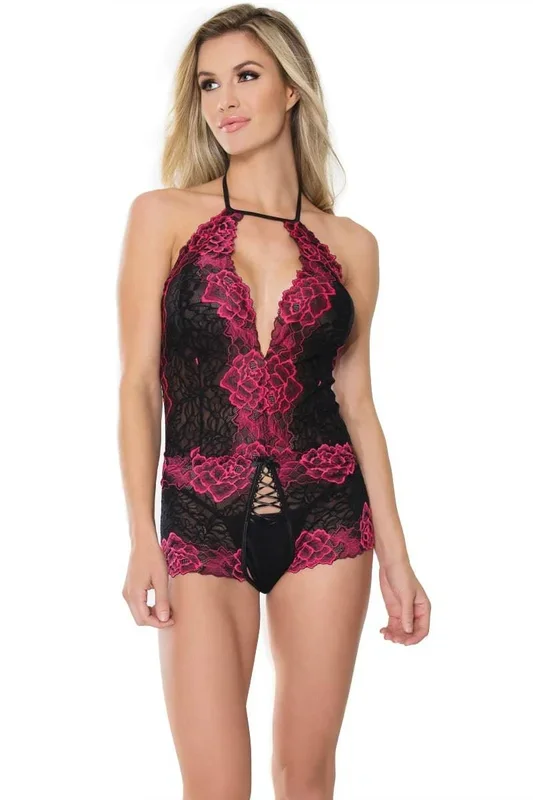Coquette – 21126 – Crotchless Lace Teddy – Black/Fuchsia – OS