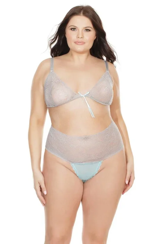 Coquette – 7055X – Bra and Crotchless Panty – Misty Blue/Grey – OS/XL
