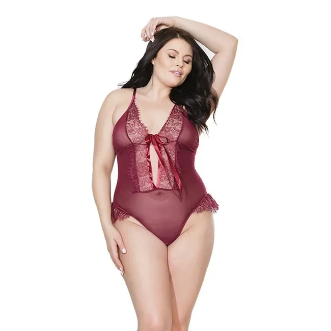 Coquette Merlot Crotchless Lace Ruffle Teddy