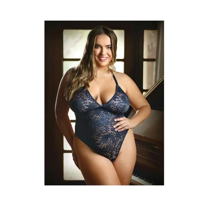 Curve Cara Strappy Stretch Lace Teddy With Snap Crotch Closure 1x/2x Ink Blue