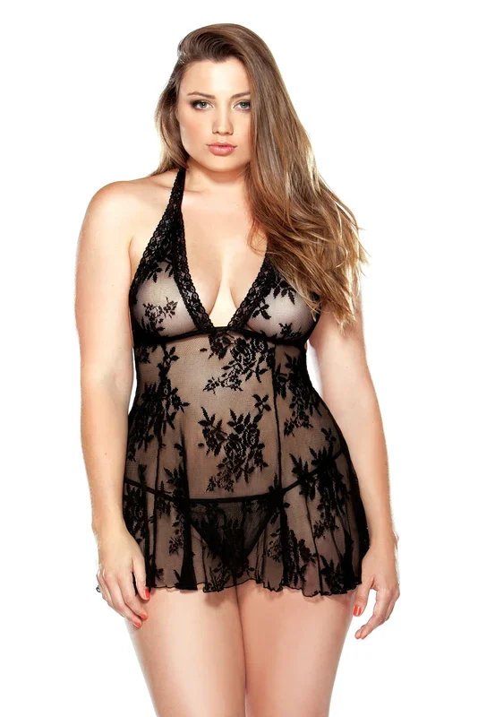 Curve Claudia Stretch Lace Babydoll & Matching G-String – 1x/2x – Black