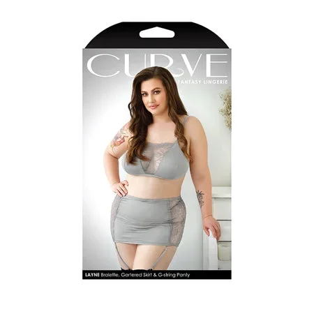 Curve Layne Lace & Microfiber Bralette w/Garter Skirt & G-String Gray 3X/4X