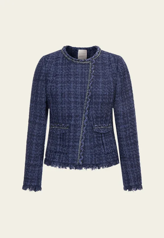 Dark Blue Asymmetric Tweed Jacket