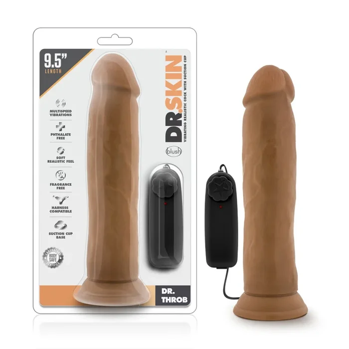 Dr. Skin By Blush® | Dr. Throb Realistic Mocha 9.5-Inch Long Remote Control Vibrating Dildo With Suction Cup Base
