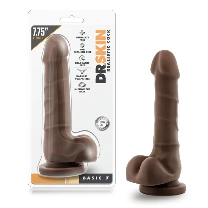 Dr. Skin By Blush® | Realistic Cock Realistic Chocolate 7.75-Inch Long Dildo With Balls & Suction Cup Base