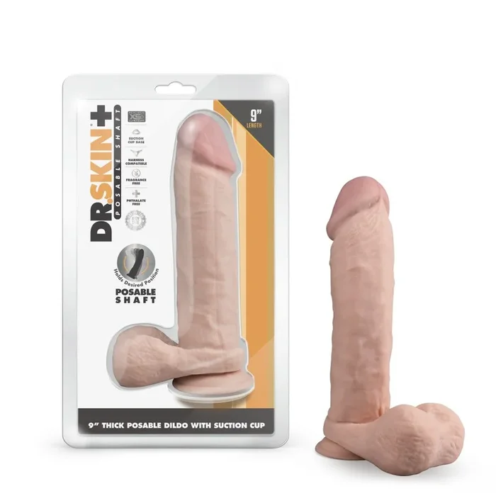 Dr. Skin Plus By Blush® | Realistic Vanilla 9-Inch Long Soft Yet Erect & Posable Dildo With Balls & Suction Cup Base