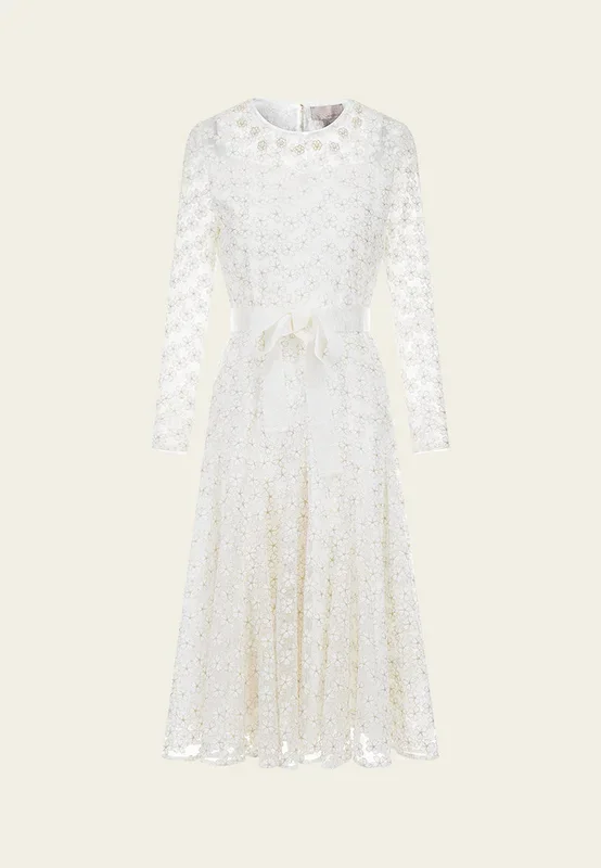 Embroidered Mesh Belted Dress