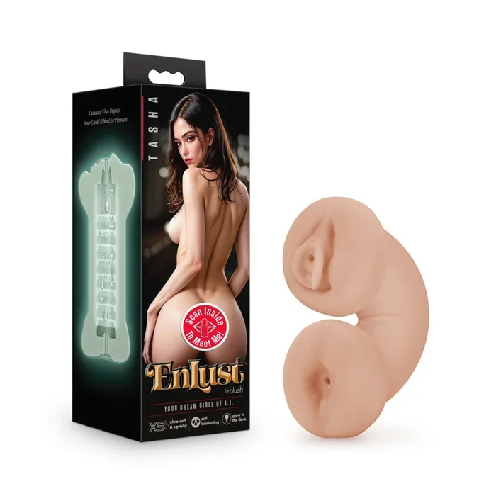 Enlust By Blush® | Tasha AI Male Masturbator Ribbed Pussy & Ass Orifices – Made With X5® Plus Ultra Soft Self Lubricating & Glow In The Dark – Beige