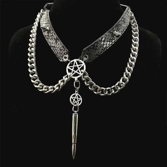 EXOTIC BLACK LIZARD PRINT GOTHIC COLLAR WITH BULLET