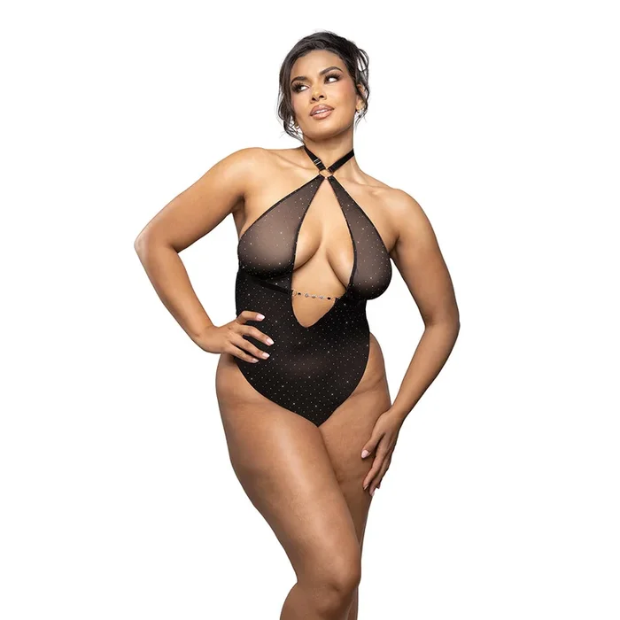 Fantasy Lingerie Radiance Onyx Keyhole Halter Teddy with Jeweled Center Strap 3XL/4XL