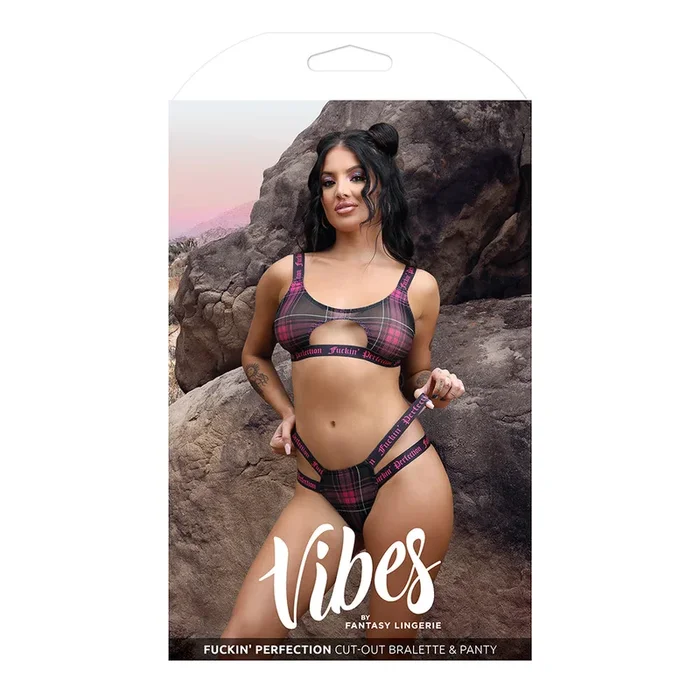 Fantasy Lingerie Vibes Fuckin’ Perfection Plaid Mesh Cut Out Bralette & Panty Black M/l