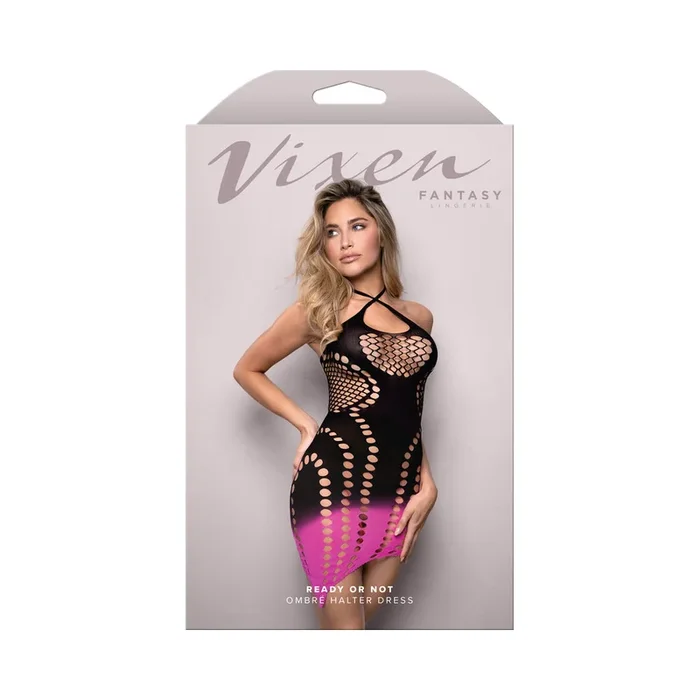 Fantasy Lingerie Vixen Ready Or Not Ombré Knit Asymmetrical Keyhole Halter Dress Black/Pink O/S