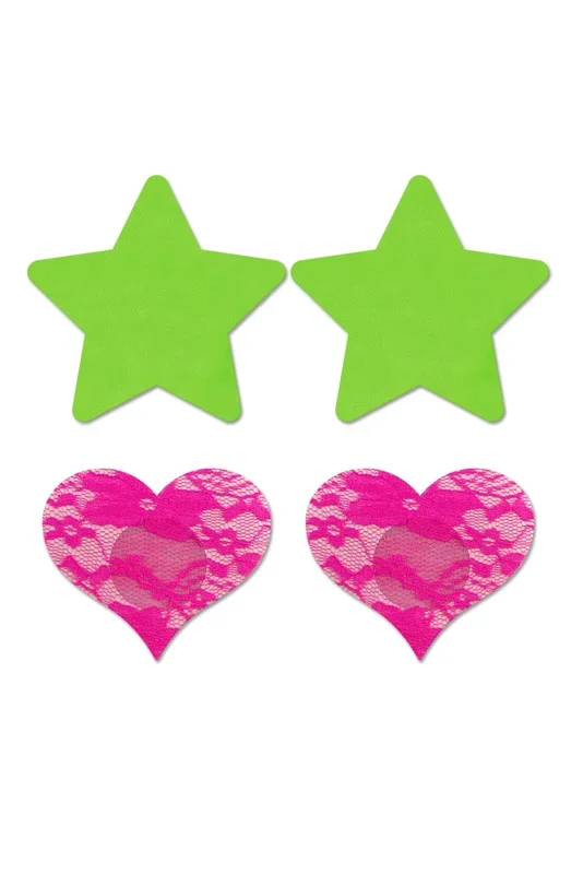 Fashion Pasties Set – Neon Green Solid Star and Neon Pink Lace Heart