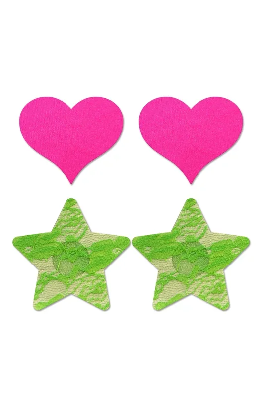 Fashion Pasties Set – Neon Pink Satin Heart and Neon Green Lace Star