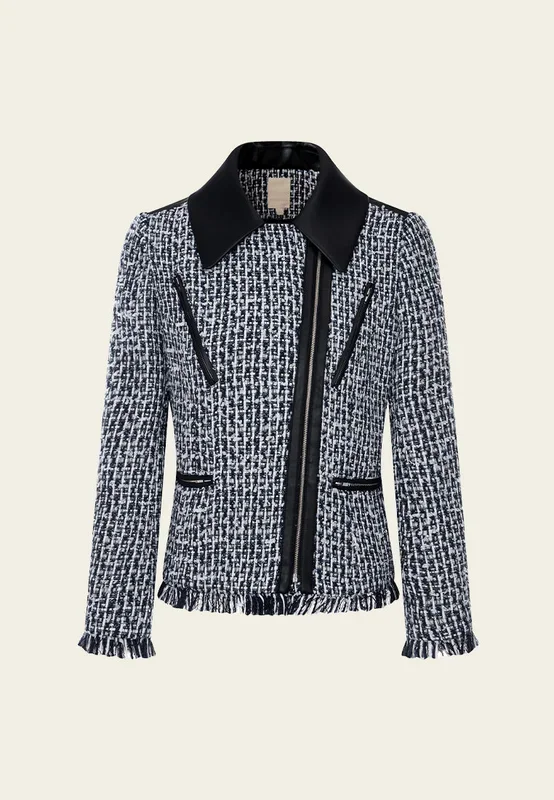 Faux-leather Trim Frayed-detail Mixed Tweed Jacket