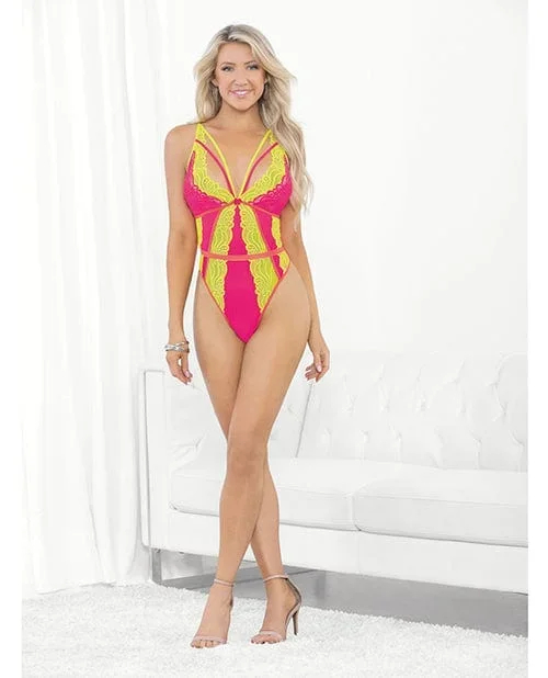 Festival Wear Strappy Teddy with Brazilian Back Neon