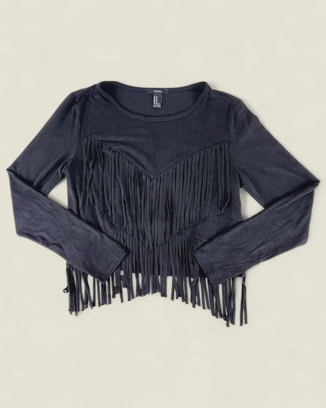 FOREVER 21 BLACK TOP WITH FRINGE LADIES SIZE MEDIUM PRE-LOVED