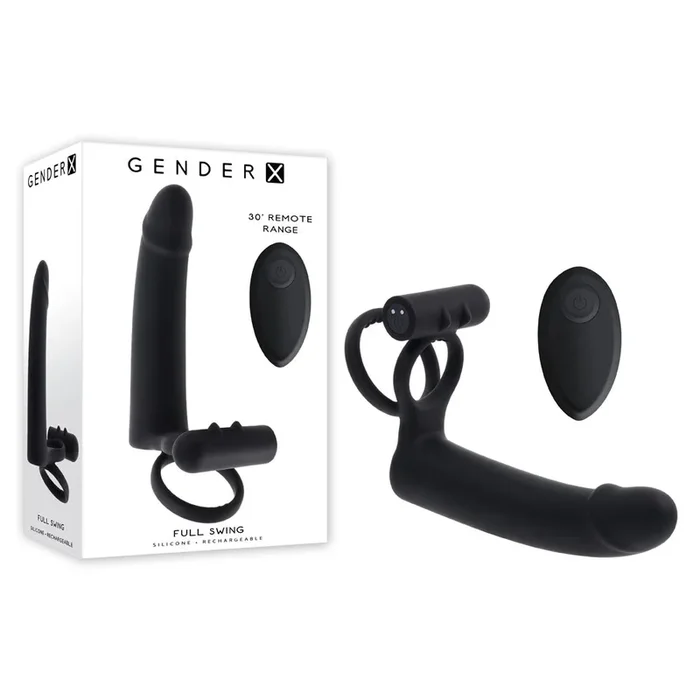 Gender X FULL SWING – Black USB Rechargeable Vibrating Cock Ring with Double Penetrator Dildo