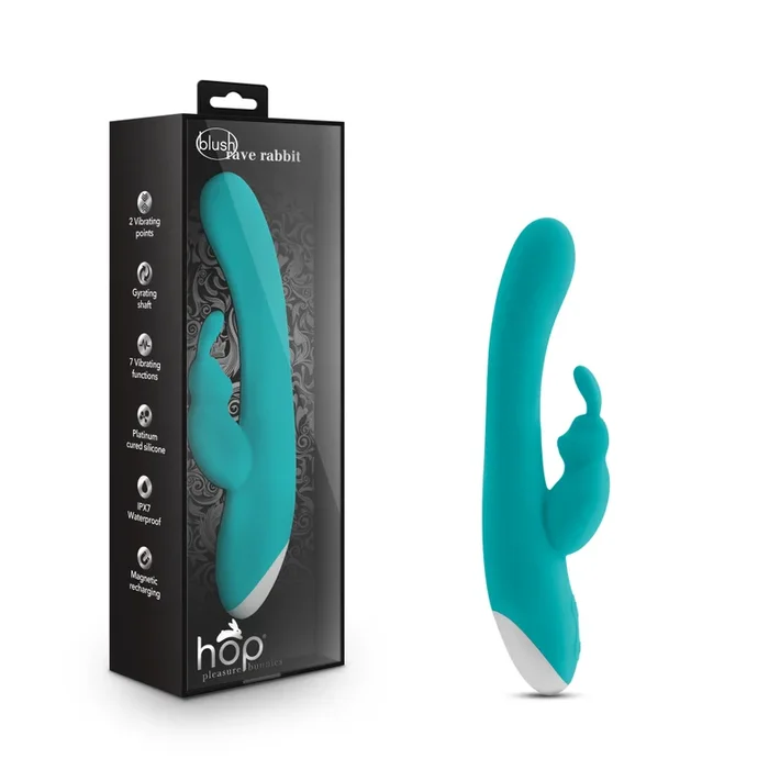 Hop By Blush® | Rave Rabbit Plus G-Spot + Clitorial Stimulating Aquamarine 8-Inch Ultrasilk Silicone Rechargeable Rabbit Vibrator