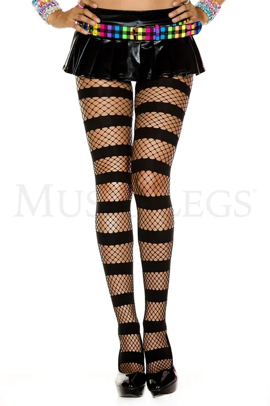 HORIZONTAL STRIPE FISHNET PANTYHOSE – BLACK