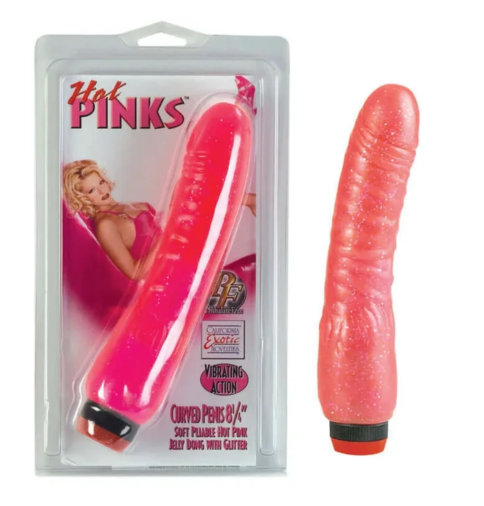 Hot Pink Curved Penis Vibrator – 8.25 Inch Vibrating Jelly Dong