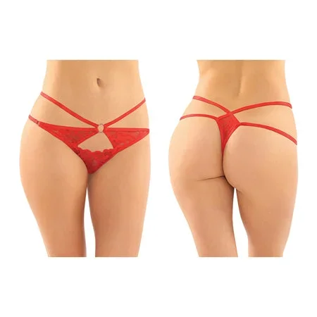 Jasmine Strappy Lace Thong w/Front Keyhole Cut Out Red L/XL