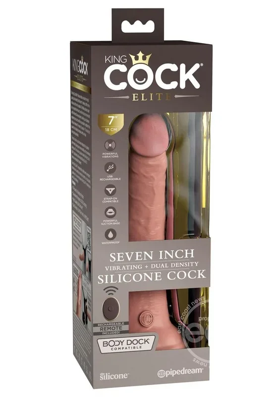 King Cock Elite Dual Density Vibrating Rechargeable Silicone with Remote Control Dildo 7in – Vanilla