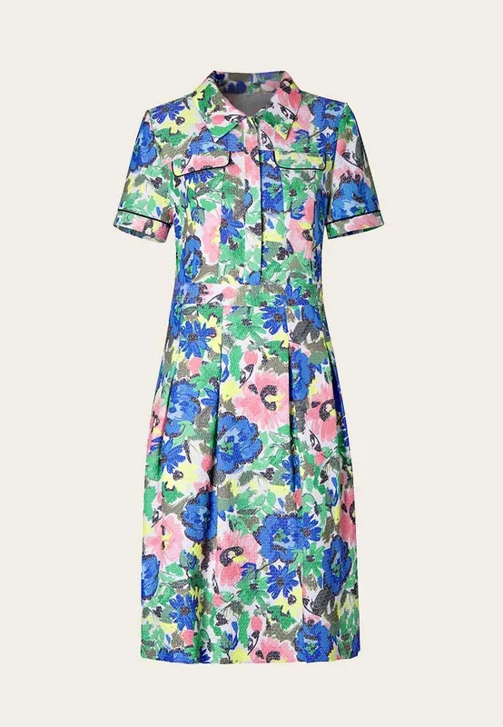 Lapel Short Sleeve Floral Pattern Jacquard Dress