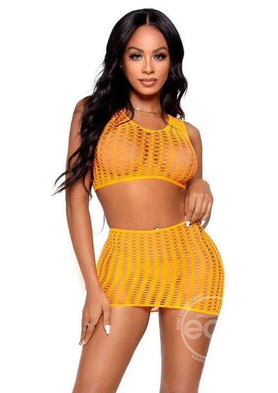 Leg Avenue Crochet Net Tank Crop Top and Mini Skirt (2 pieces) – O/S – Neon Orange