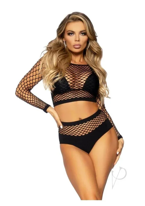 Leg Avenue Industrial Net Long Sleeved Crop Top and Waist OS