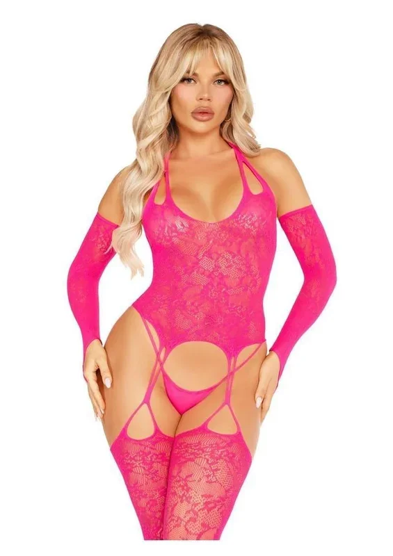 Leg Avenue Lace Halter Footless Cami Garter with Attached Toe Loop Stockings and Arm Warmers – Pink – O/S