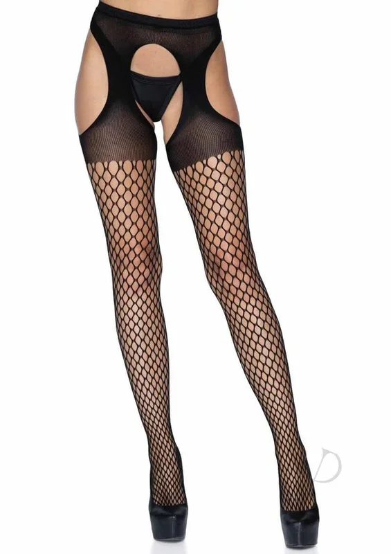 Leg Avenue Oval Net Suspender Hose with Opaque Top OS Black