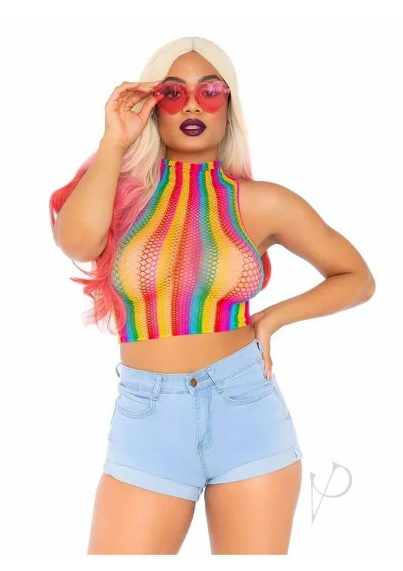 Leg Avenue Rainbow Net High Neck Crop Top – O/S
