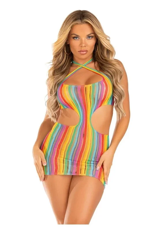 Leg Avenue Rainbow Stripe Cross-Over Halter Mini Dress – O/S – Multicolor