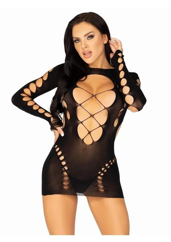 Leg Avenue Seamless Cut Out Long Sleeve Mini Dress with Faux Lace-Up Detail – OS – Black